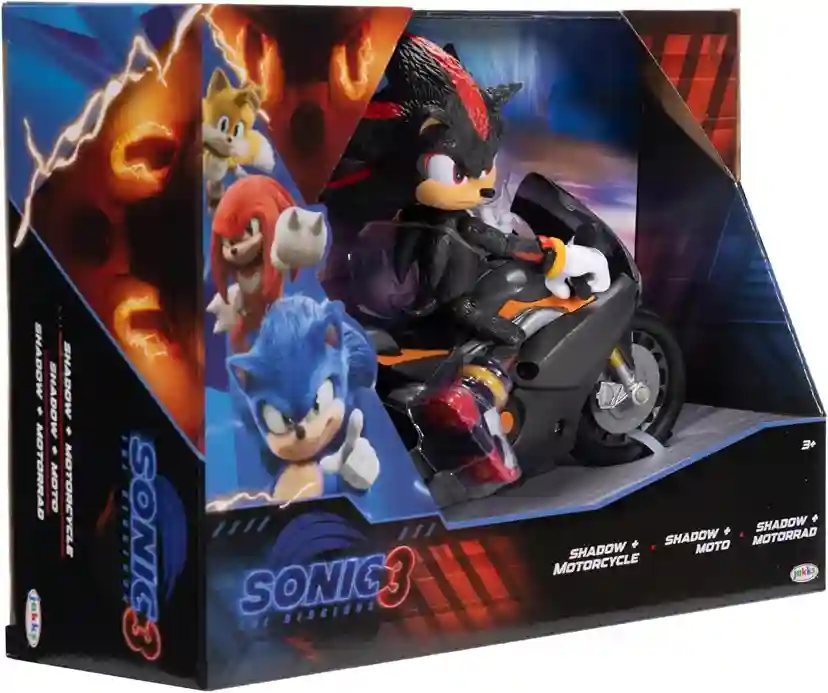 Sonic the Hedgehog 3 Shadow Motorbike toy in packaging with animated characters from the Sonic universe.