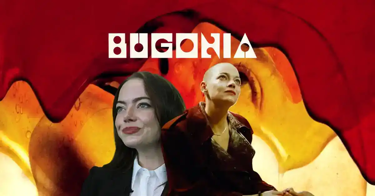 A woman with dark hair and a woman with a shaved head and intense expression, set against a vibrant abstract red and yellow background with the title "BIGONIA" in bold font.